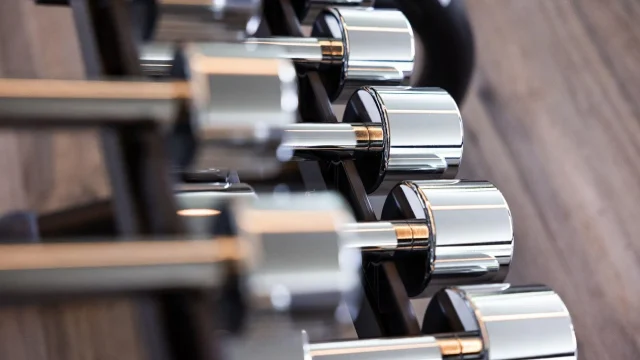 Hantelreihe in modernem Fitnessstudio