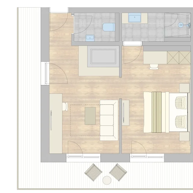 Grundriss eines modernen Wohnraums.