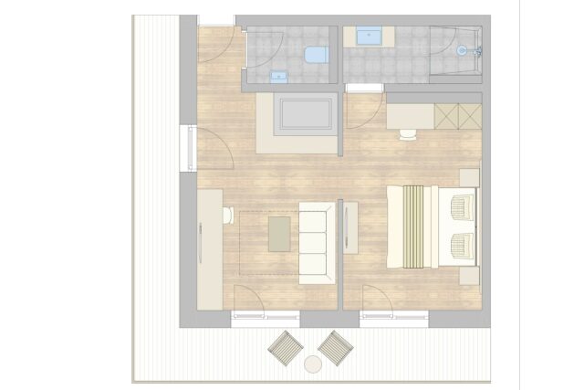 Grundriss eines modernen Wohnraums.