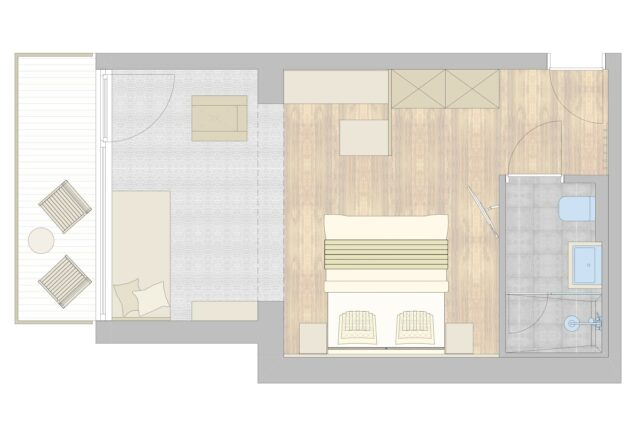 Grundriss eines modernen Zimmers mit Bad