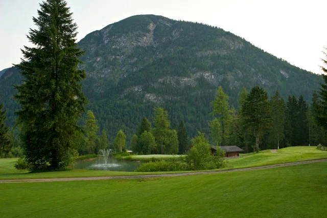 Landschaft mit Berg, Bäumen und Teich