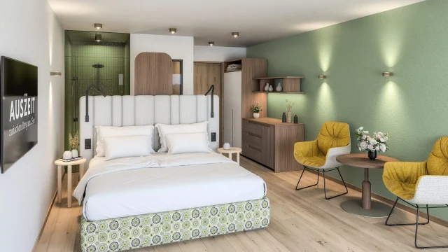 Moderne Hotelzimmer mit gemütlicher Einrichtung.