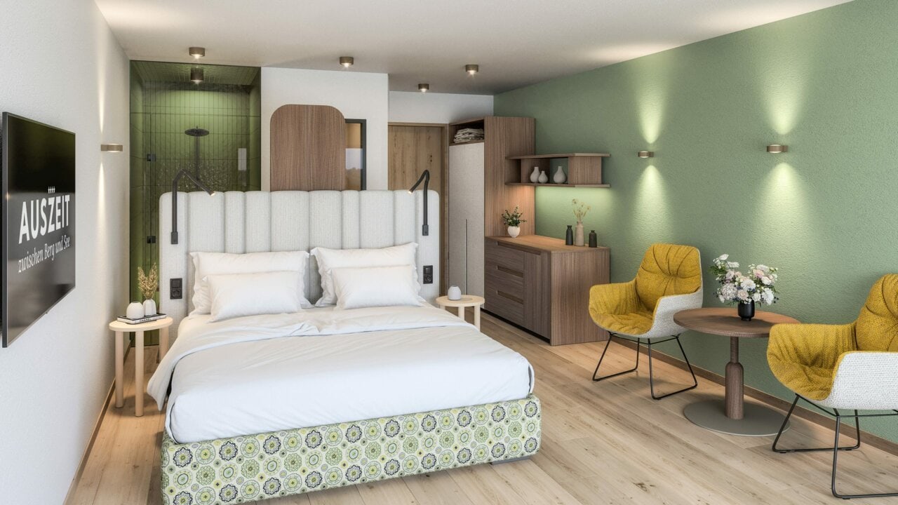 Moderne Hotelzimmer mit gemütlicher Einrichtung.