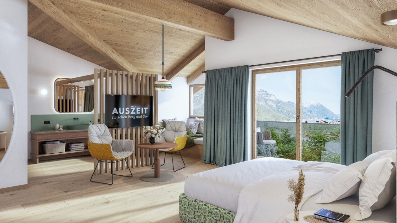 Modernes Zimmer mit Bergblick und gemütlicher Einrichtung
