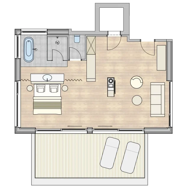 Grundriss eines modernen Wohnraums mit Terrasse.