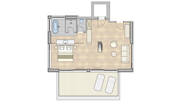 Grundriss eines modernen Wohnraums mit Terrasse.