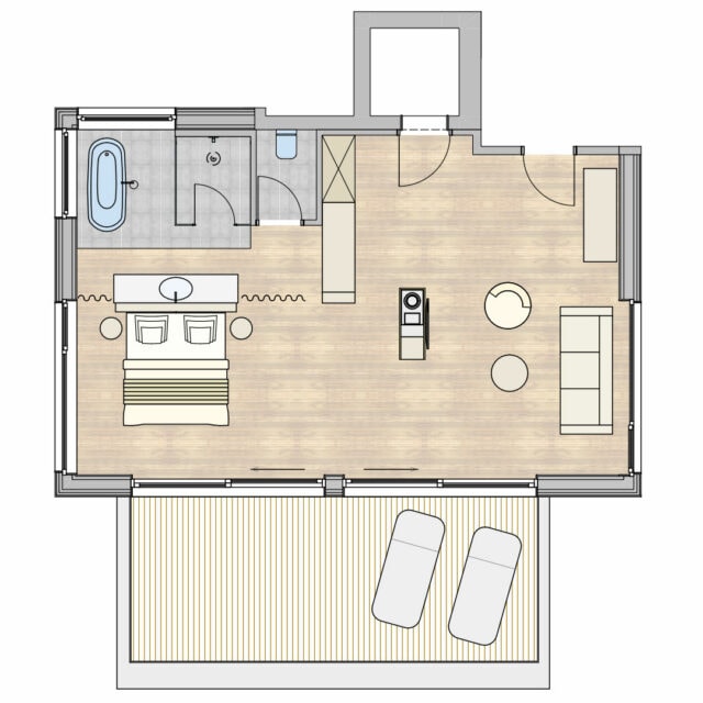 Grundriss eines modernen Wohnraums mit Terrasse.