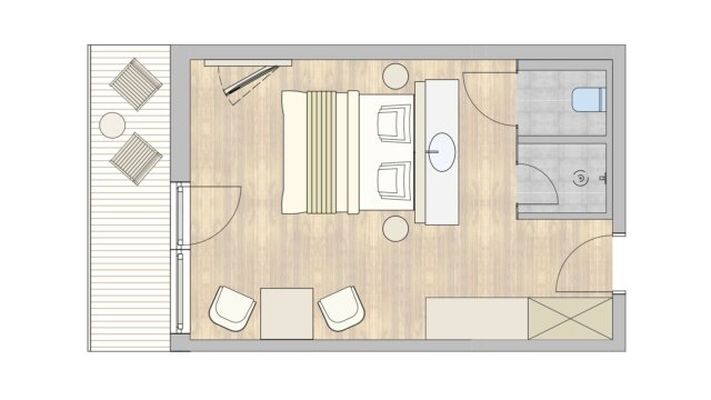 Grundriss eines modernen Zimmers mit Bad