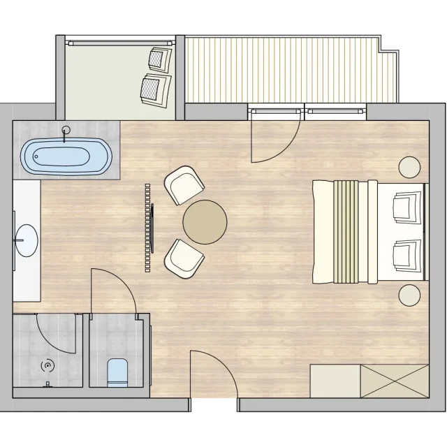 Grundriss einer modernen Wohnung mit Badezimmer und Wohnbereich.