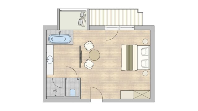 Grundriss einer modernen Wohnung mit Badezimmer und Wohnbereich.