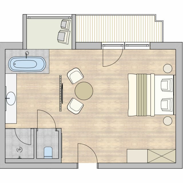 Grundriss_Zimmer_PanoramaXL Grundriss einer modernen Wohnung mit Badezimmer und Wohnbereich.