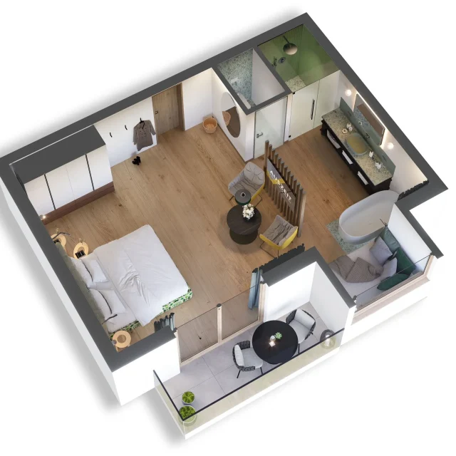 Raumüberblick mit Schlafzimmer und Badezimmer