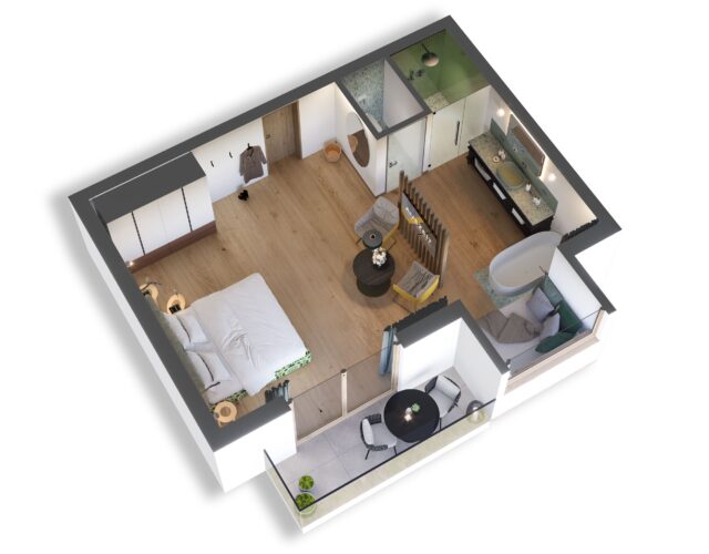 Raumüberblick mit Schlafzimmer und Badezimmer