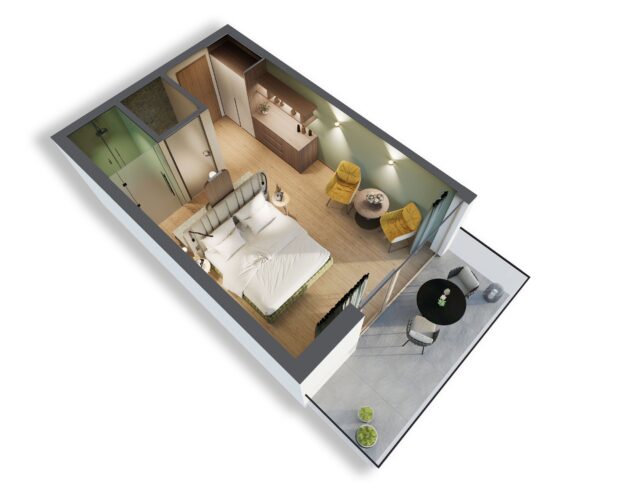 Moderne Schlafzimmeransicht mit gemütlichem Wohnbereich