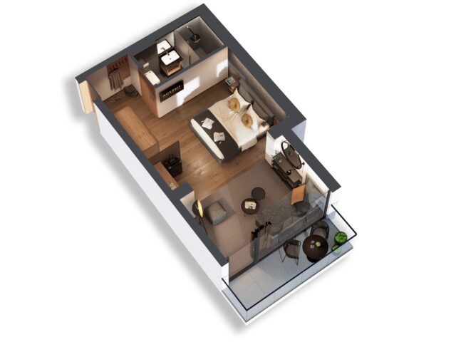 Diagramm eines modernen Zimmers mit Balkon