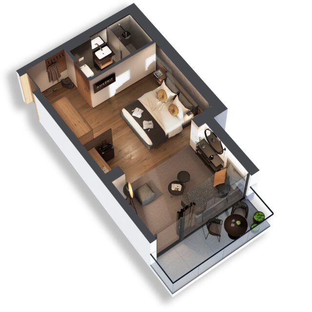 Diagramm eines modernen Zimmers mit Balkon
