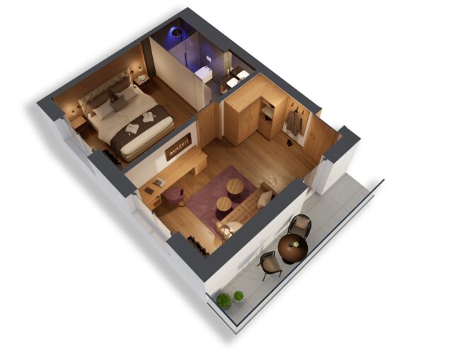 Modernes Hotelzimmer mit Balkonansicht