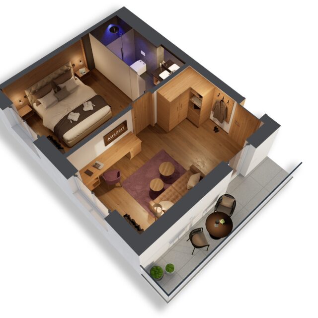 auszeit grundriss auszeit suite 1 Modernes Hotelzimmer mit Balkonansicht