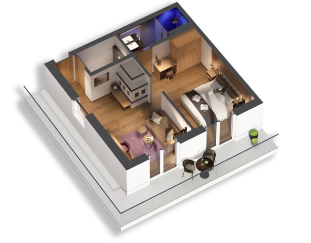 Moderne Raumaufteilung eines Wohnzimmers und Schlafzimmers