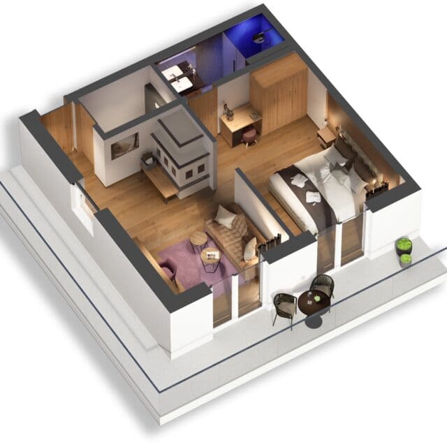 auszeit grundriss auszeit suite 2 Moderne Raumaufteilung eines Wohnzimmers und Schlafzimmers