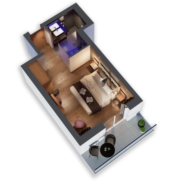 Moderne Hotelzimmer mit Balkon und Bad