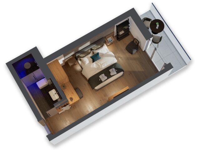 Überblick über ein modernes Schlafzimmerlayout.