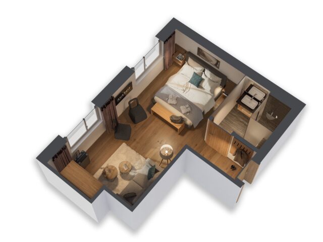 Ansicht eines modernen Zimmers mit Bad.