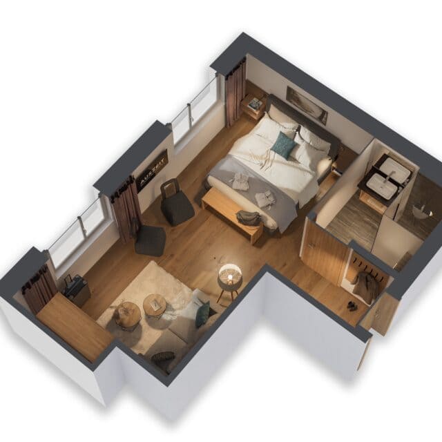 Ansicht eines modernen Zimmers mit Bad.